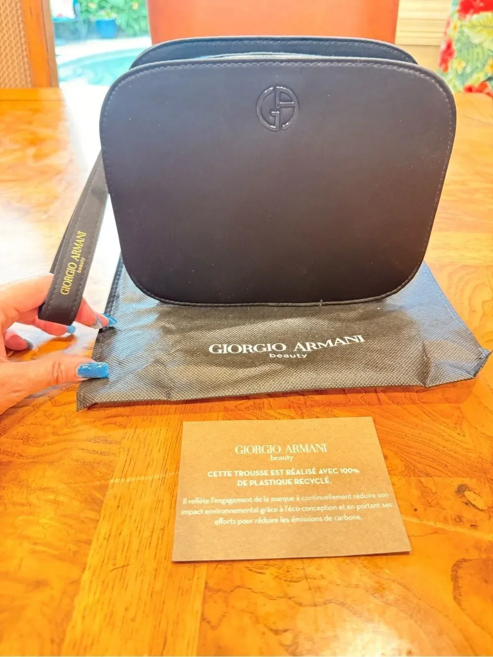Giorgio Armani Beauty Black Cosmetic Makeup Train Case Travel Bag w/ Dust Bag